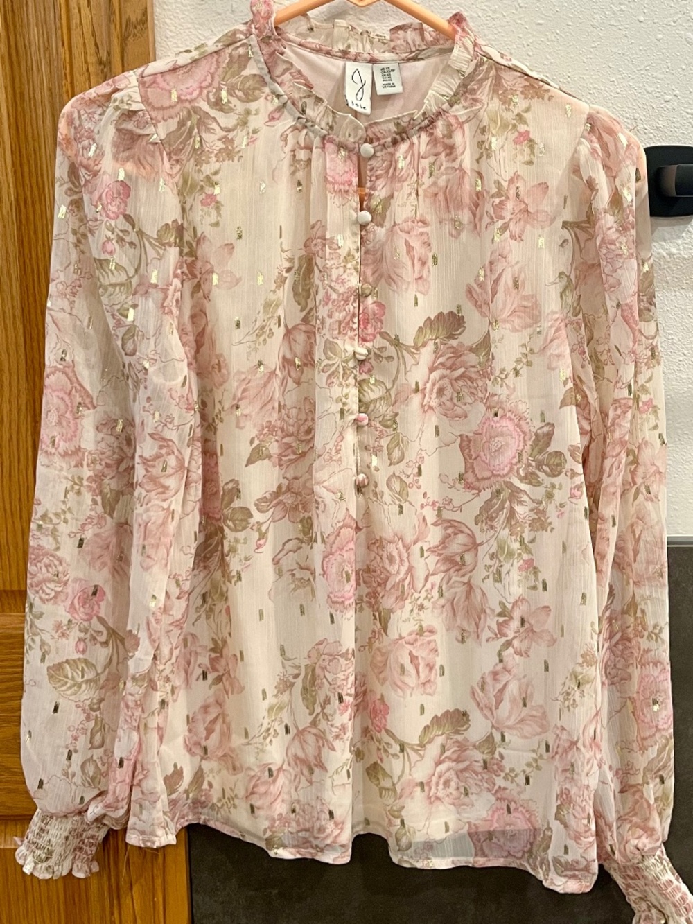 Anthropologie Joie Floral Blouse Ruffle Neck Top Pink Gold Cream Extra Small XS